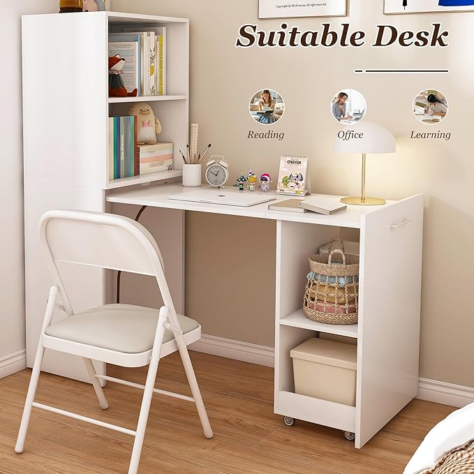 Expandable and Foldable L Shaped Desk Mobile Computer Desk with Storage Shelves &amp Lockable Wheels Compact Rolling Workstation for Small Space Home Office White