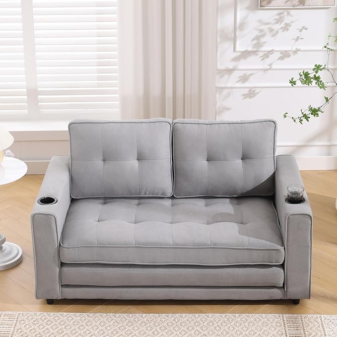 Folding Futon Loveseat Sleeper Sofa Bed with Pullout Couch Bed Comfy Convertible Floor Sofa Bed Cup Holder&amp Side Pockets for Bedroom Living Room Small Space (Light Gray + Cup Holder)