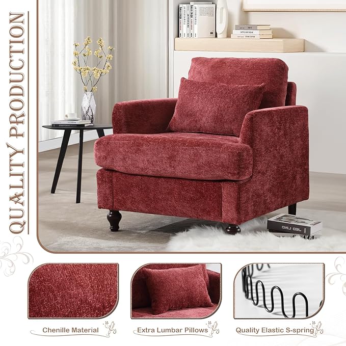 KINFFICT Modern Accent Chair for Living Room Upholstered Single Sofa Chair with Lumbar Pillow Comfy Armchair with Thickened Cushion Living Room Chairs for Bedroom Office Red Chenille