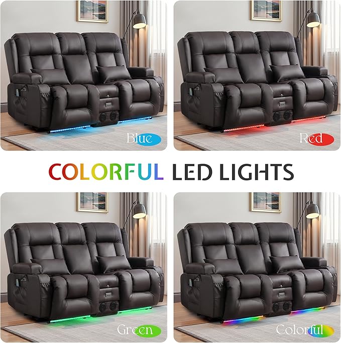 URRED Power Reclining Loveseat Sofa with Console RV Couch Loveseat Recliner Sofa with Massage &amp Heat LED Light Cupholders Bluetooth Speakers USB Charge Ports Outlets Faux Leather Dark Brow