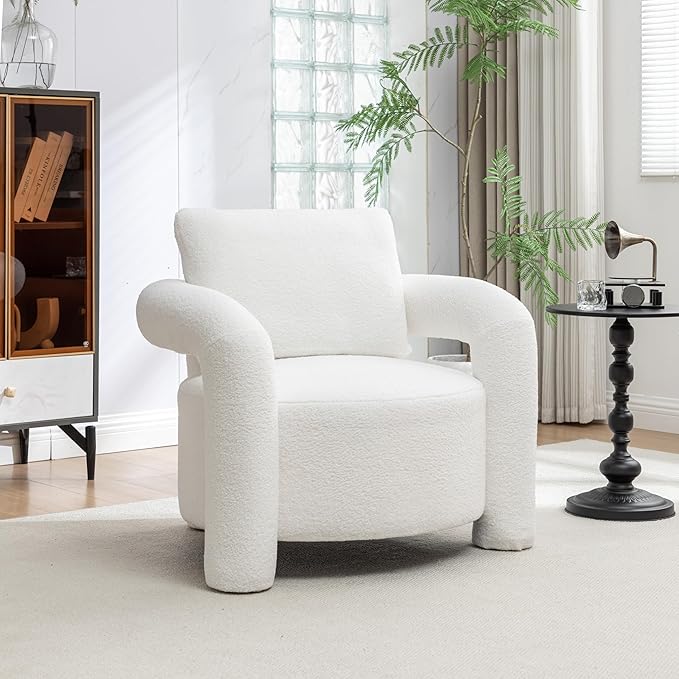 Modern Sherpa Boucle Accent ChairTeddy Upholstered ArmchairVanity Chair Single SofaCozy Fluffy Reading Chair for Living RoomVanityOfficeBedroomCorner(White)