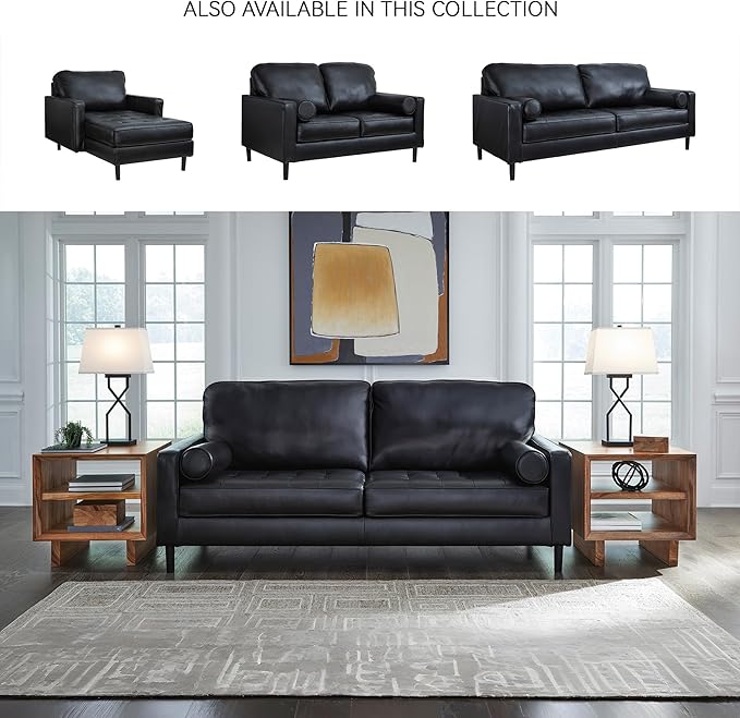 Signature Design by Ashley Bryceview Contemporary Leather Match Tufted Sofa with 2 Bolster Pillows Black