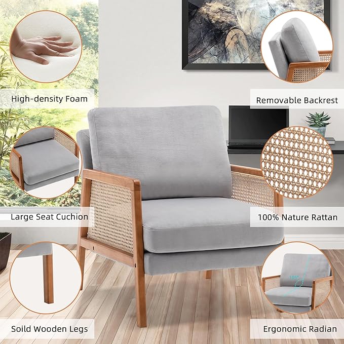 WENTMENT Rattan Accent Chairs Set of 2 Modern Armchair with Natural Rattan Armrest Upholstered Living Room Chair Comfy Single Sofa Chair for Reception Room/Hosting Room/Bedroom(Grey)