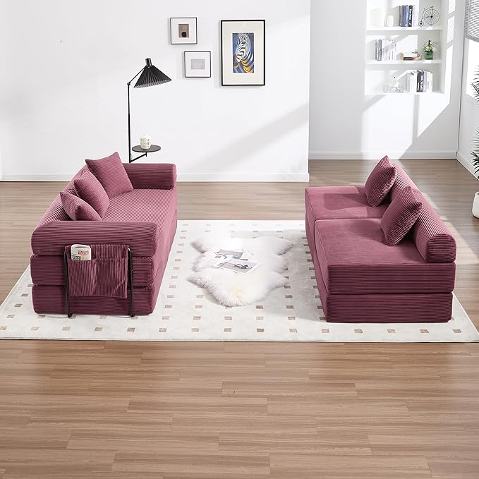 10-in-1 Folding Convertible Sofa Bed 141 Inch Boneless Couch with Fixed-Shape Frame Corduroy Modular Sectional Sofa Mattress Sleeper Sofa Floor Sofa Futon Couch for Living Room (Wine Red)
