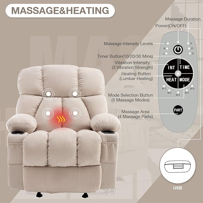 Massage Rocker Recliner Chair with Heat and Vibration Ergonomic Rocking Lounge Chair for Living Room Comfy Overstuffed Recliner with 4 Side Pockets2 Cup Holders USB Charge PortBeige