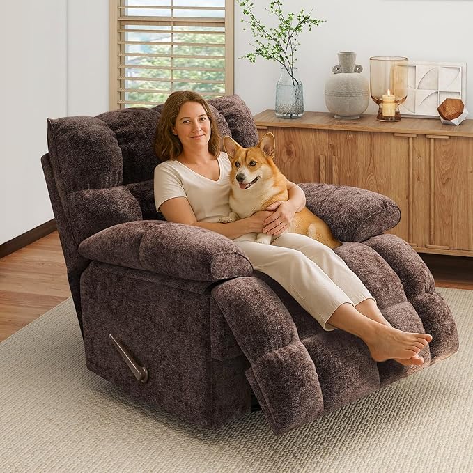 Oversized Rocker Recliner Chair for AdultsOverstuffed 360° Swivel Rocking Recliner Extra Wide Breathable Fabric Manual Reclining Single Sofa for Living Room (Brown)