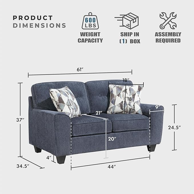 Lexicon Modern Loveseat Chenille Loveseat 2 Pillows Track Arm Reversible Cushions Removable Cushion Cover Easy Assembly Small Couch for Living Room/Office/Reading Spaces Blue