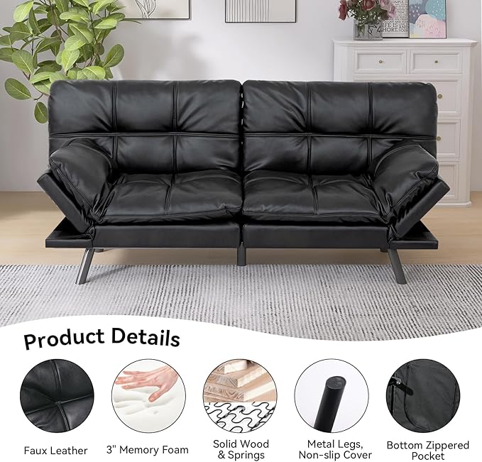 Hcore Convertible Futon Sofa Bed CouchMemory Foam Futon Couch BedLoveseat Sleeper Sofa BedSmall Splitback Faux Leather Modern Sofa Couch for Living RoomOfficeApartmentMatte Black