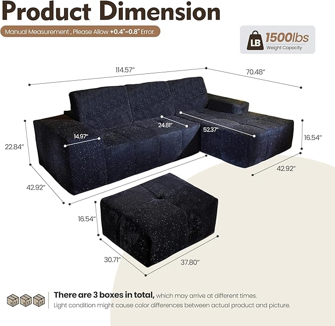 114 Cloud Couch Sectional with OttomanU Shaped Boneless Couches in A BoxDeep Seat Modular Sectional Sofa with Comfy Chaise No Assembly RequiredBlue