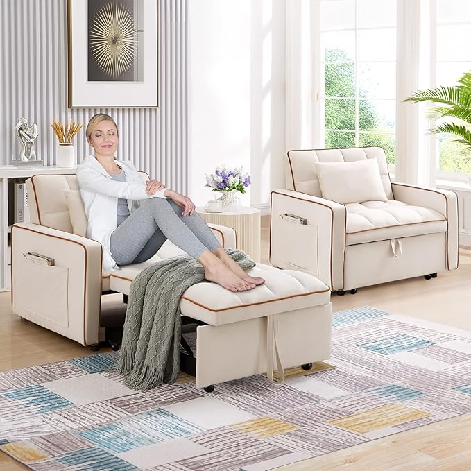 Convertible Sleeper Chair Bed 3 in 1 Modern Velvet Pull Out Sofa Bed Small Tufted Single Sleeper Chair with Adjustable Backrest/Pillow for Living Room Small Spaces Apartment Office Beige