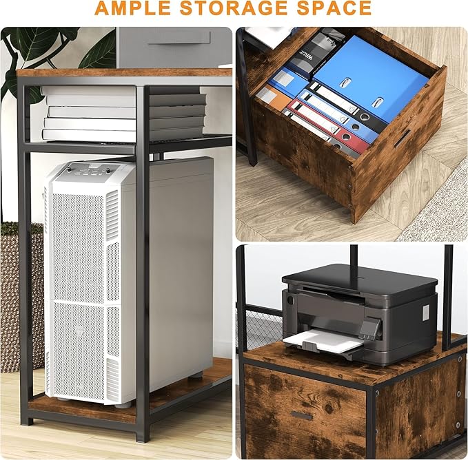 Home Office Desks with Drawers 66'' Computer Desk with Storage Office Desk with Monitor Stand Work Desk with Outlets and USB Gaming Table Desk with File Cabinet for Home Office Table Brown