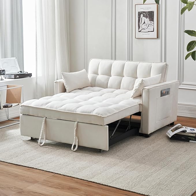 Kiztir Futon Sofa Bed 55 Small Loveseat Sleeper Sofa Comfy Velvet Pull Out Couch Bed with 3 Levels Adjustable Backrest and Side Pockets for Living Room Bedroom Apartment Small Spaces (B-Beige)
