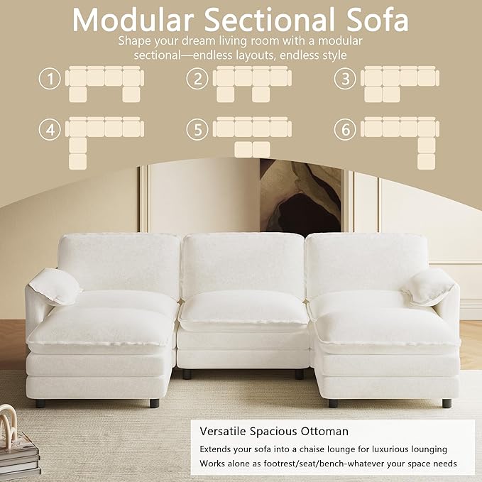 114 U Shaped Cloud Couch Sectionals Comfy Beige White Sectional Couches for Living Room Modern Fluffy Oversized Modular Sofas with Ottoman Chenille Large Big 5 Seat Sofa Set