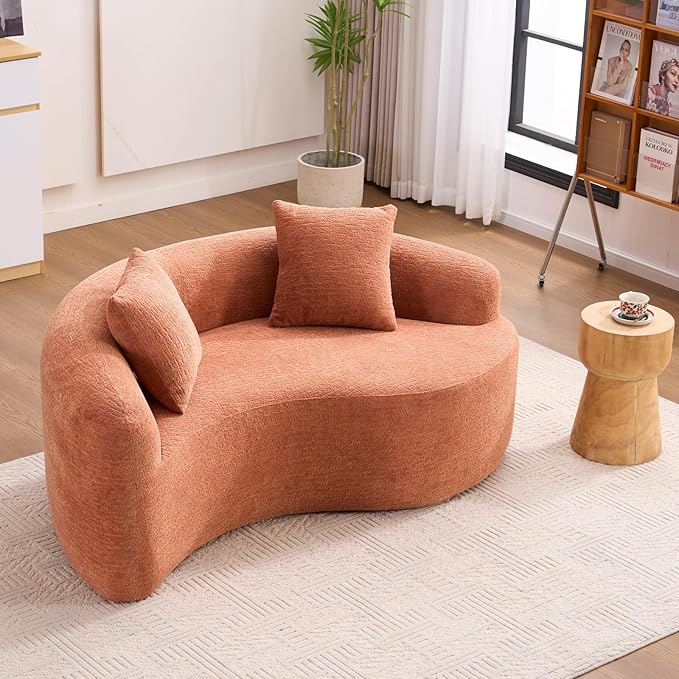 67 Curved Loveseat SofaFull Sponge Compression Sofa Chinese Tai Chi StyleS-Shaped Couch for Small SpacesNo Installation RequirementWood Grain Chenille Fabric (Coral67)