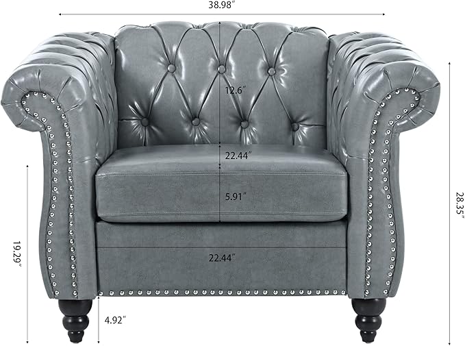 GDFStudio 39 Tufted Button Chesterfield Sofa with Deep Seat Cushions Rolled Arms &amp Gold Accent Strip 1-Seater Midcentury Modern Sofa for Living Room Classic Couch Furniture Gray + PU