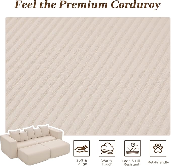 117” Boneless Cloud CouchSectional Modern 4 Seater L-Shaped Sleeper Sofa CouchesNo Assembly Modular Corduroy Convertible Sponge Compression Sofas with Chaise and Ottoman for Living Room(Beige)