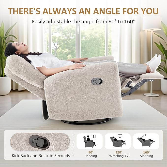 VANOMi 360 Swivel Rocker Recliner Chair Nursery Rocking Chair with Tufted Backrest Manual Recliner Chairs for Small Spaces Upholstered Glider Nursing Chair for Living Room Bedroom (Camel)