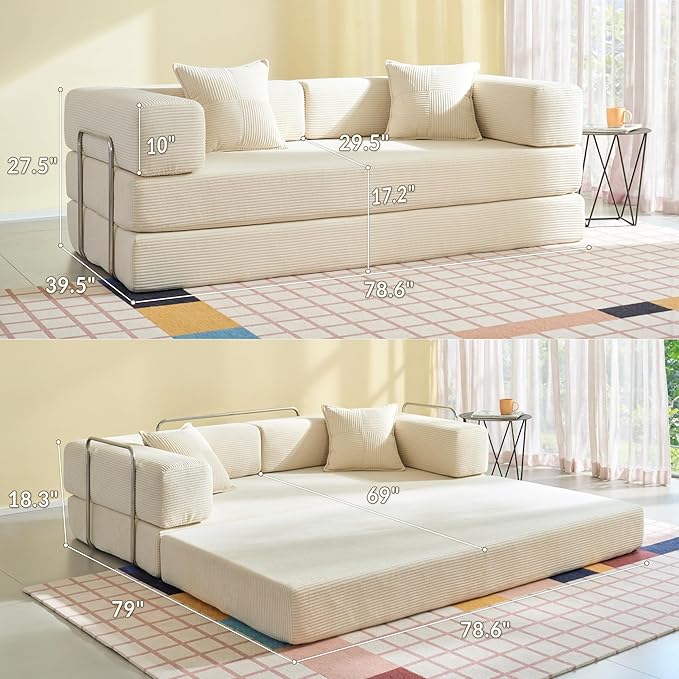 Compression Sofa - 78''Convertible Floor Sofa Bed - with Pillow Back Support Armrest - Comfy Foldable Sofa Bed Compressed Sofa in Box - Corduroy Fabric - for Living Room Bedroom - Ivory