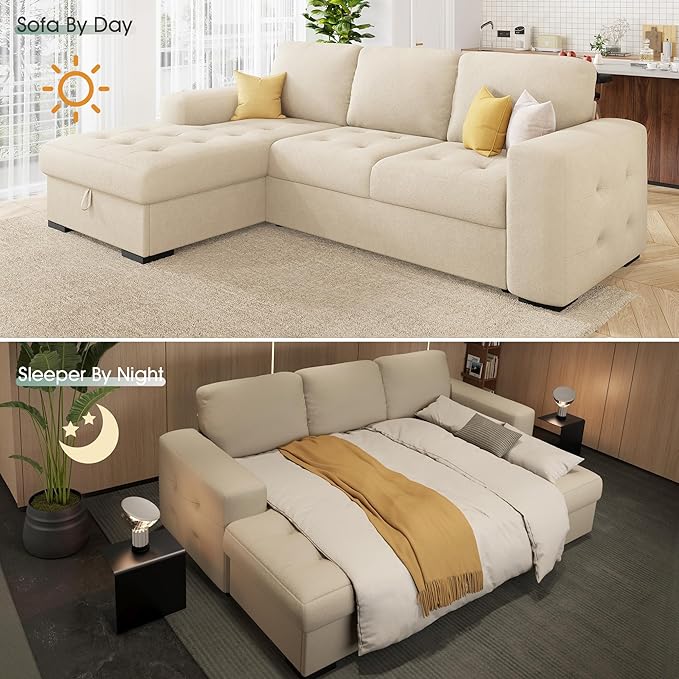 VanAcc 96 Sofa Bed Couch with Storage Chaise Convertible Sleeper Sofa Sleeper Couch with Pull Out Bed for Living Room(Beige)