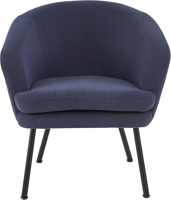 Modern Corduroy Accent Chair with Channel Back Design Black Metal Legs and Soft Upholstery Comfortable Seating for Living Room Bedroom or Office Blue