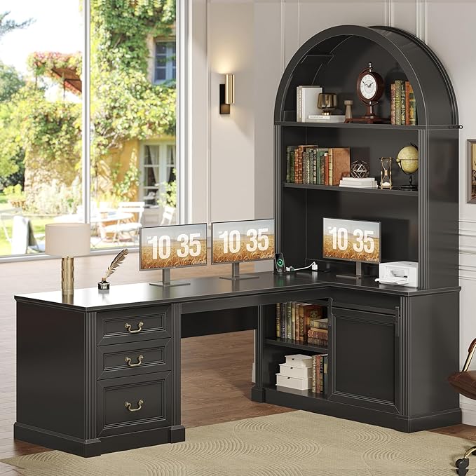 SEDETA 67 L Shaped Desk with Tall Arched Bookshelf Mid-Century Office Computer Desk with 3 Drawers and Storage Shelves Corner Executive Desk with Sliding Barn Door for Home Office Black