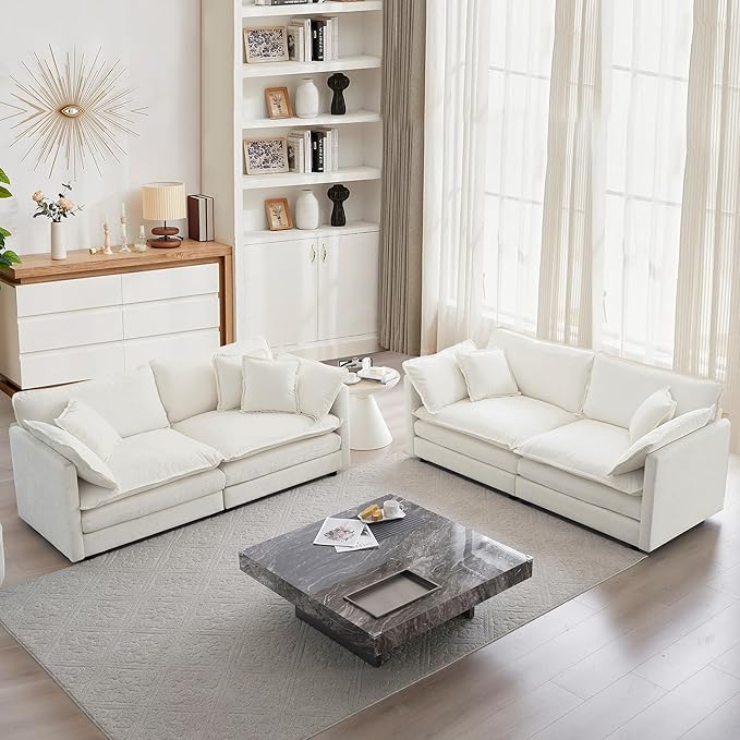 mikibama Luxury 2 Piece Sofa Set 2 Pieces of Loveseat Sofa Modern Chenille Comfy Cloud Couches Set for Living Room Office with 4 Armrest Pillows and 4 Toss Pillows Beige