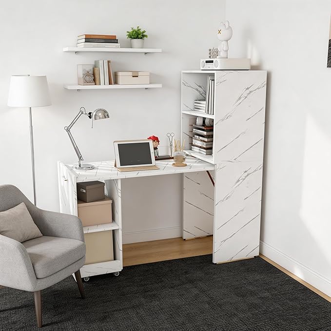 LUMISOL Folding Out Desk with Storage Shelves Expandable Hidden Computer Desk with Storage for Home &amp OfficeSpace-Saving Design White Marble
