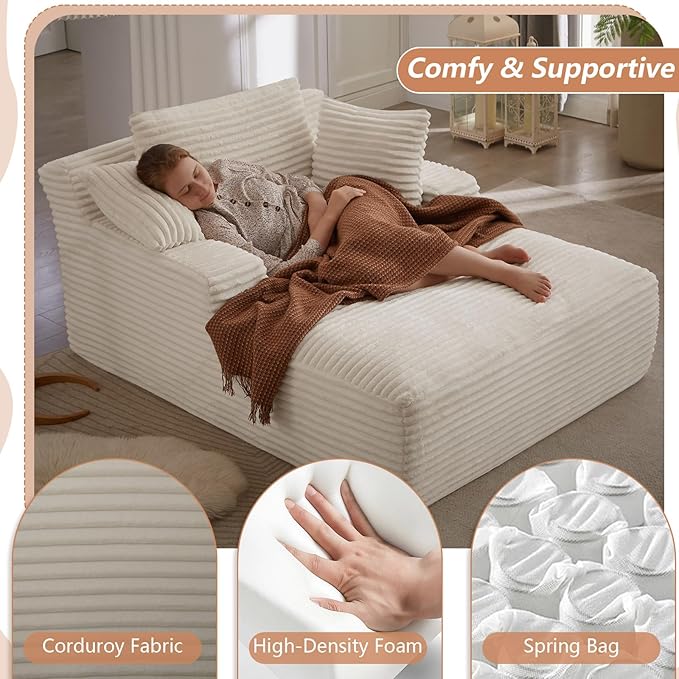 49.2 Oversized Chaise Lounge Chair Deep Seat Upholstered Cozy Cloud Couch Modern Corduroy Floor Sleeper Sofa Bed Reading Chair for Living Room Bedroom Apartment Office Indoor White