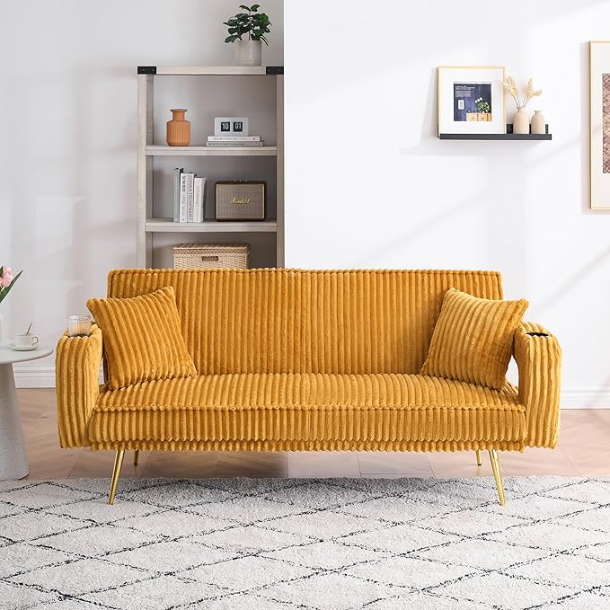 73 Convertible Futon Sofa BedModern Corduroy Sleeper Couch with 3 Reclining BackrestsGolden Chrome LegsComfy Cloud Sofa Loveseat for Small Living Room Bedroom Office (Yellow)