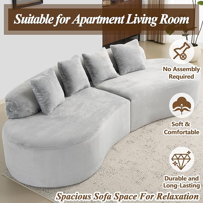 112 Grey Curved Boneless Couch with Cushions Modern Cloud Sofa for Living RoomChenille Sectional Minimalist Deep Seat Luxurious No Assembly