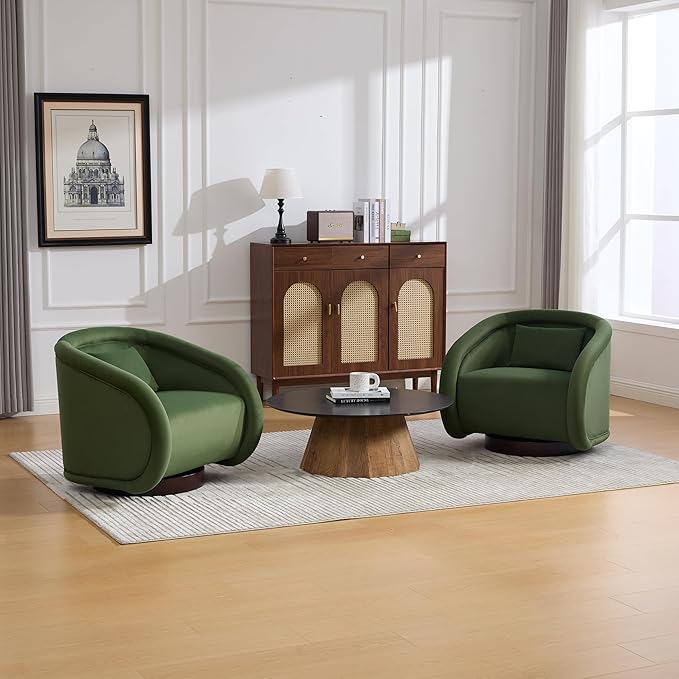 Swivel Accent Chair 360-Degree Rotating Barrel Chair with Soft Velvet Upholstery Comfy Pumpkin-Shaped Lounge Chair for Living Room Bedroom Office (Green)