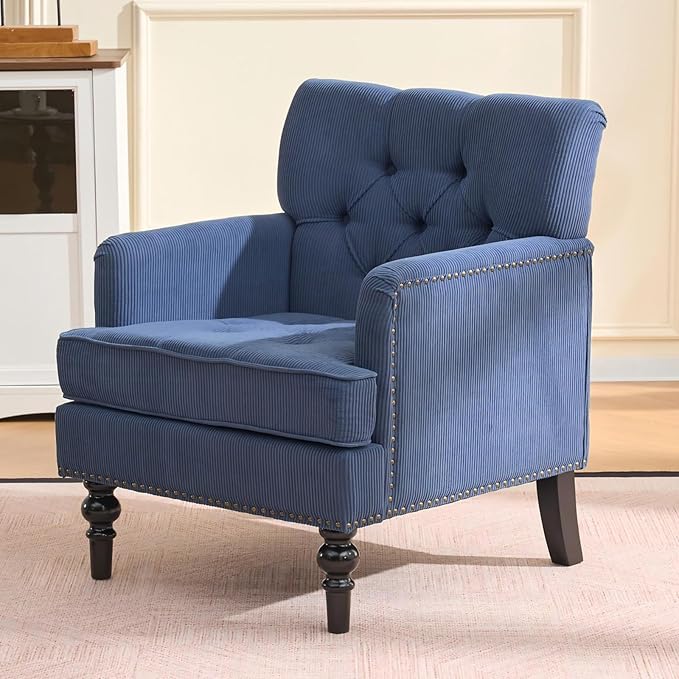 Mid Century Modern Accent Chair Corduroy Upholstered Armchair Tufted Club Chair with Solid Wood Legs Comfy Single Sofa Reading Chair for Living Room Bedroom Office (Blue)