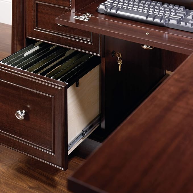 Sauder Palladia L Shaped Desk with Drawers Office Desk with File Cabinet Storage Cable Management Keyboard Tray in Select Cherry finish