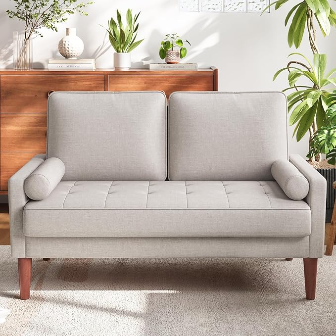 Vesgantti Loveseat Sofa with Solid Wood Legs 48 Small Couches for Small Spaces Love Seat for Living Room Bedroom Easy Assembly Mid Century Modern Couch with Throw Pillow for Apartment Ashbeige