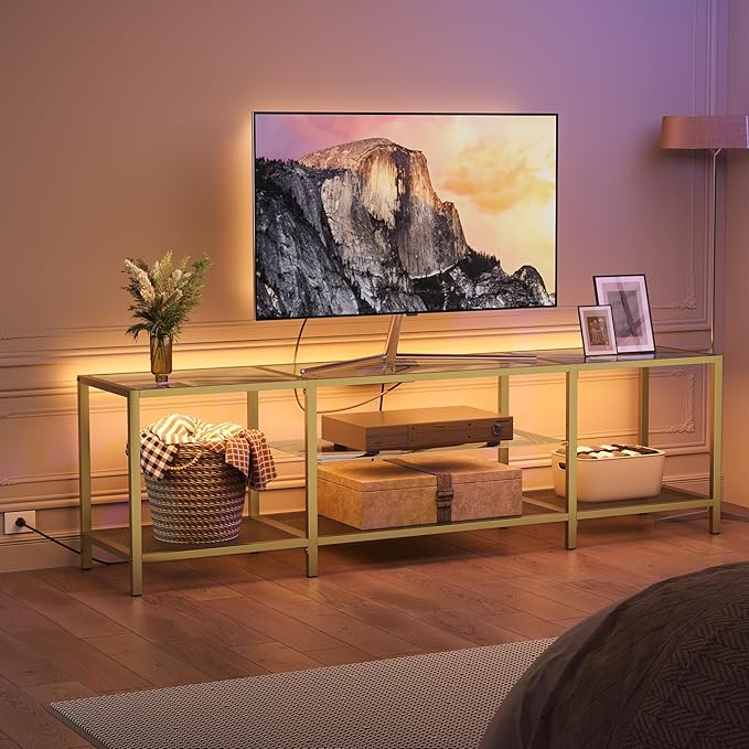 HOOBRO TV Stand with LED Lights and Power Outlets for TVs up to 75 Modern 70.9 Inch Tempered Glass TV Console Table with Open Shelves Media Entertainment Center for Living Room Gold GD185UDS01