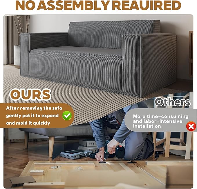 70 Grey Boneless Couches for Living Room Compressed Sofa Couch in a Box Corduroy Memory Foam Floor Couch for Adults Memory Foam Deep Seat No Assembly Required (Grey)