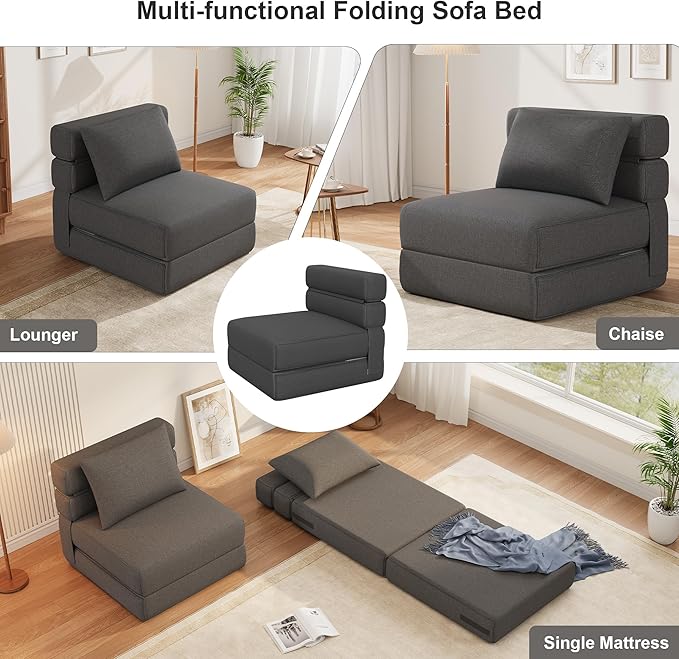 Folding Sofa Bed - Convertible Sleeper Chair with Upgraded Pillow Modern Comfortable Sleeper Couch Linen Fabric Foldable Memory Foam Sleepers Comfy Floor Sofa for Living Room Bedroom Single