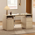 59 Farmhouse Office Desk Wide Home Executive Desk with File Drawer &amp Open Storage &amp Power Outlet Wooden Computer Desk for Study Writing Light Oak