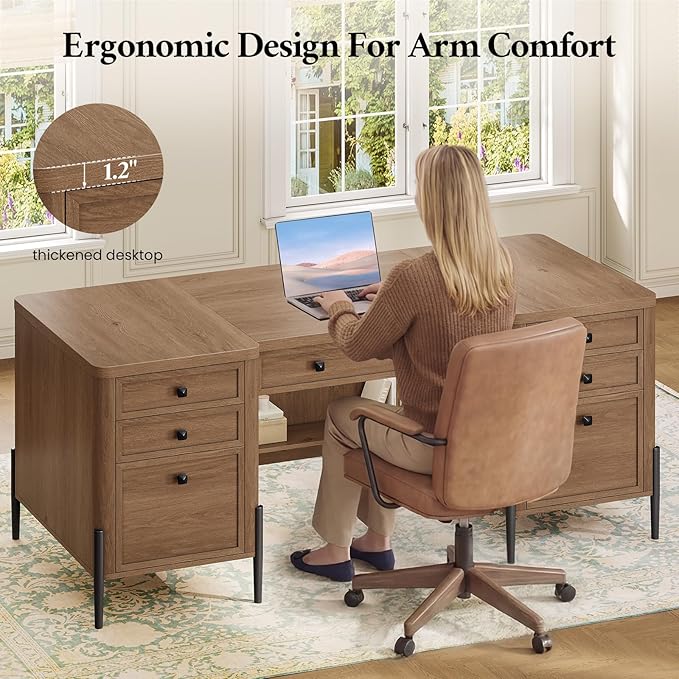 63 Executive Desk with 5 Drawers Farmhouse Home Office Desks with 2 Storage Cabinet and Keyboard Tray Large Boss Desk with Privacy Panel Modern Table with Open Shelf and File Drawer