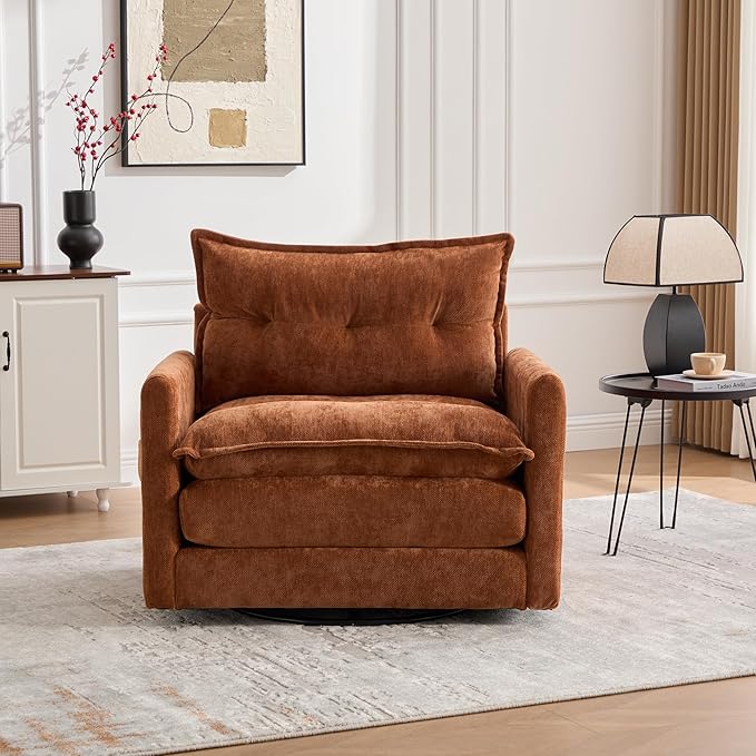 Oversized Swivel Chair 36 Chenille Swivel Armchair Accent Chair for Living Room Mid Century Modern Comfy Thick Padded Arm Chairs Brown