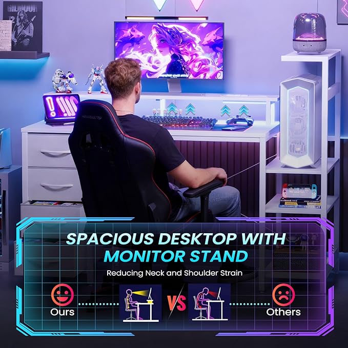 51 Inch Gaming Desk with Power Outlet and LED Lights Computer Desk with 4 Drawers &amp Storage Shelves Reversible Home Office Desk with Monitor Stand for Small Space Bedroom Carbon Fiber White