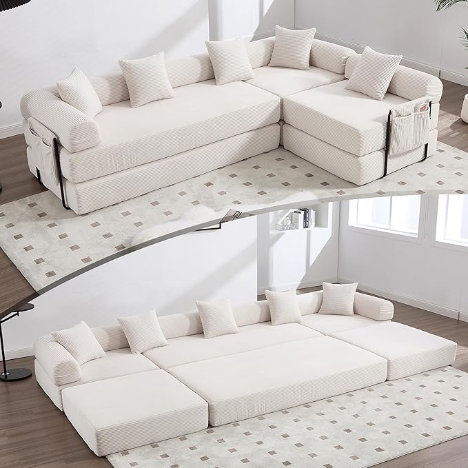 L Shape Convertible Sofa Bed with Cylindrical Pillow and Storage Pocket Convertible Sofa Couch Bed with Support Frame for Living Room Bedroom Children Room-Beige