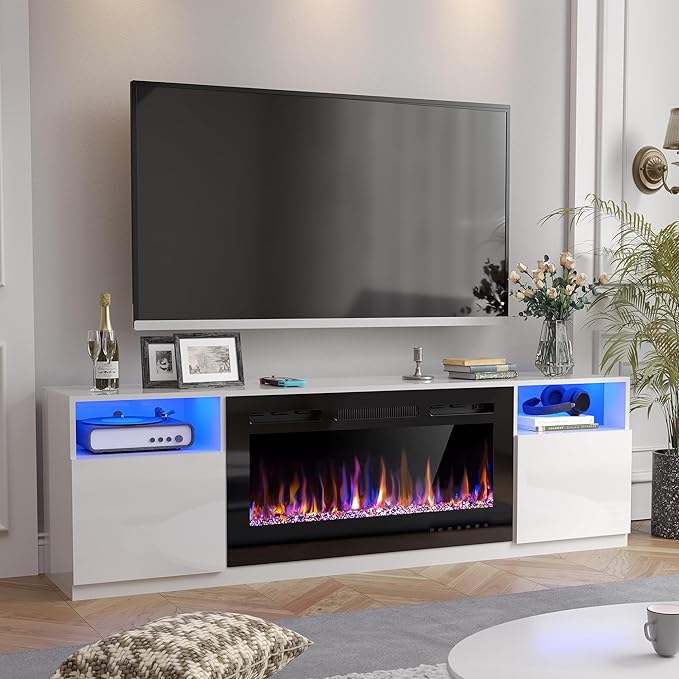 AHB Fireplace TV Stand LED Light Entertainment Center with 36 Electric Fireplace and Storage Cabinet Media Console Table for TVs Up to 80 Inches Ideal for Living Room 70 Inches (White)