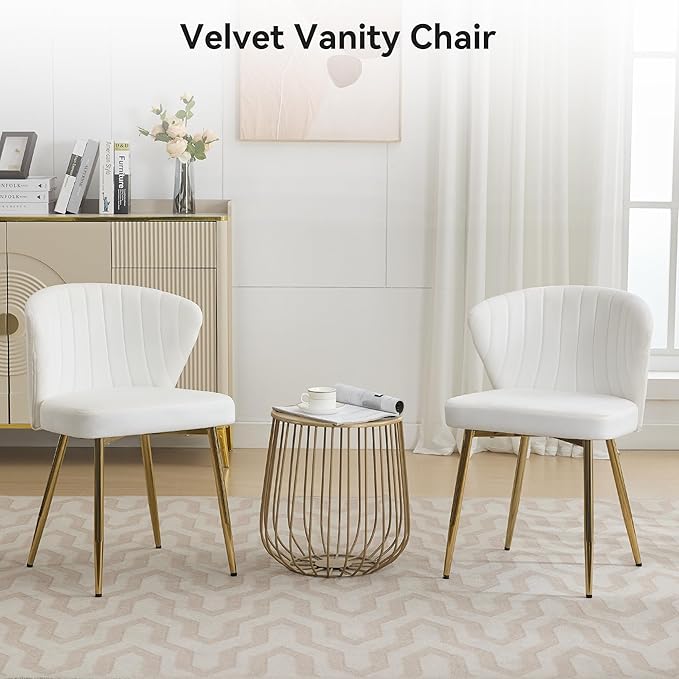 Velvet Vanity Chair Set of 2 Modern Makeup Chair with Back Golden Legs Small Cute Accent Chair for Vanity Living Room Bedroom White