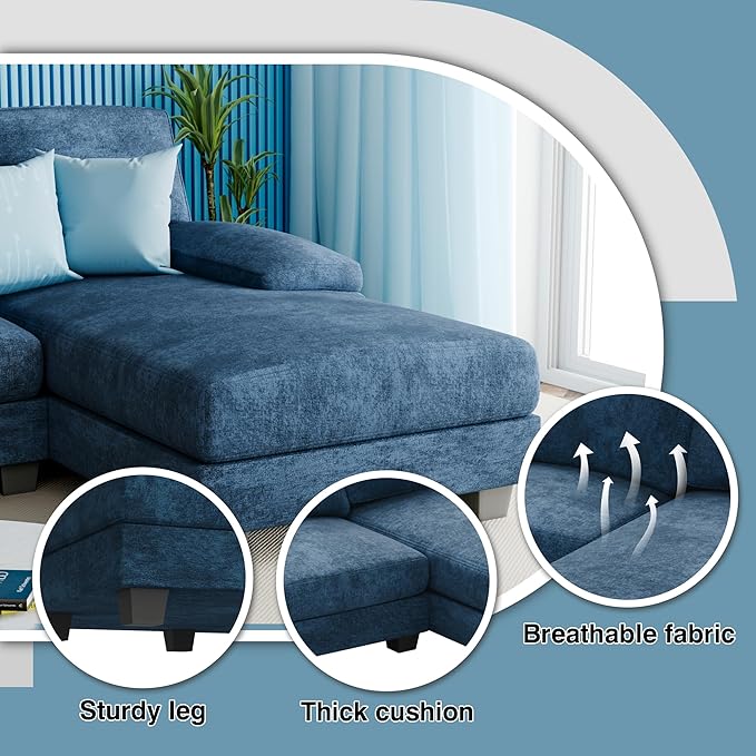 Furniwell Convertible Sectional Sofa Couch 4 Seat Sofa Set for Living Room U-Shaped Modern Fabric Modular Sofa Sleeper with Double Chaise &amp Memory Foam (Fabric Blue)