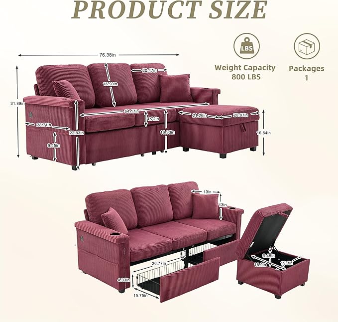 76'' Sectional Sofa Couches for Living Room 3 Seat L-Shaped Couch with Storage &amp Ottoman Corduroy Convertible Sofas with Chaise Apartment with USB Charging Cup Holder (Wine Red)