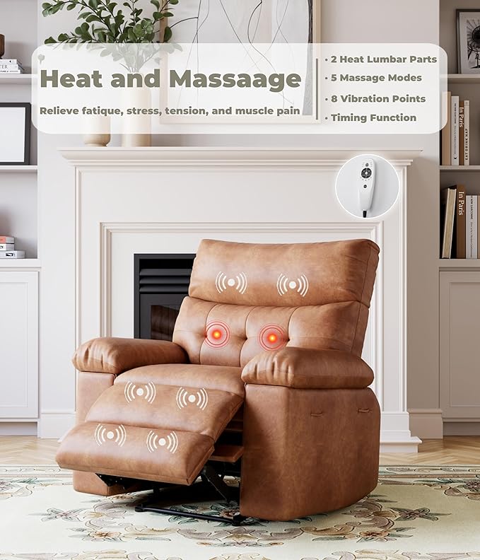 OUTLANE Oversized Recliner Chair Big and Tall Massage Recliner with Heating Extra Wide PU Leather Manual Recliners 400LBS Capacity with Plush 1.5X Padding Lazy Chair for Living Room - Black