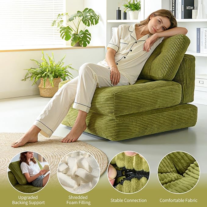 Art3d Folding Sofa Bed Convertible Sleeper Sofa Bed with Pilow &amp Back Support 3 in 1 Long Futon Boneless Couch Comfy Floor Couch for Living Room Bedroom Grass Green