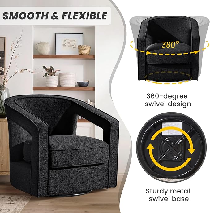 Furniliving Chenille Swivel Accent Chair for Living Room Upholstered Barrel Chair with Curved Back Comfortable Reading Chair for Bedroom Balcany Home Office Black Set of 2