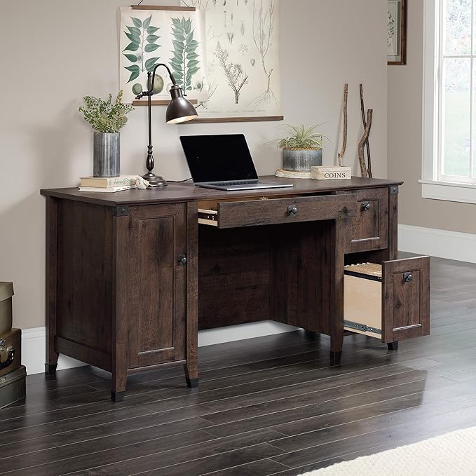 Sauder Carson Forge Rustic Vintage Computer Desk with Drawers Storage in Coffee Oak finish